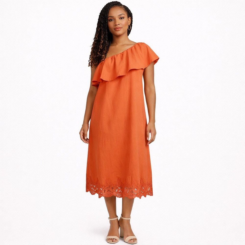 NEW H&M‎ Dress 10 Cherry Red Embroidered Lace Hem One Shoulder Midi Shift